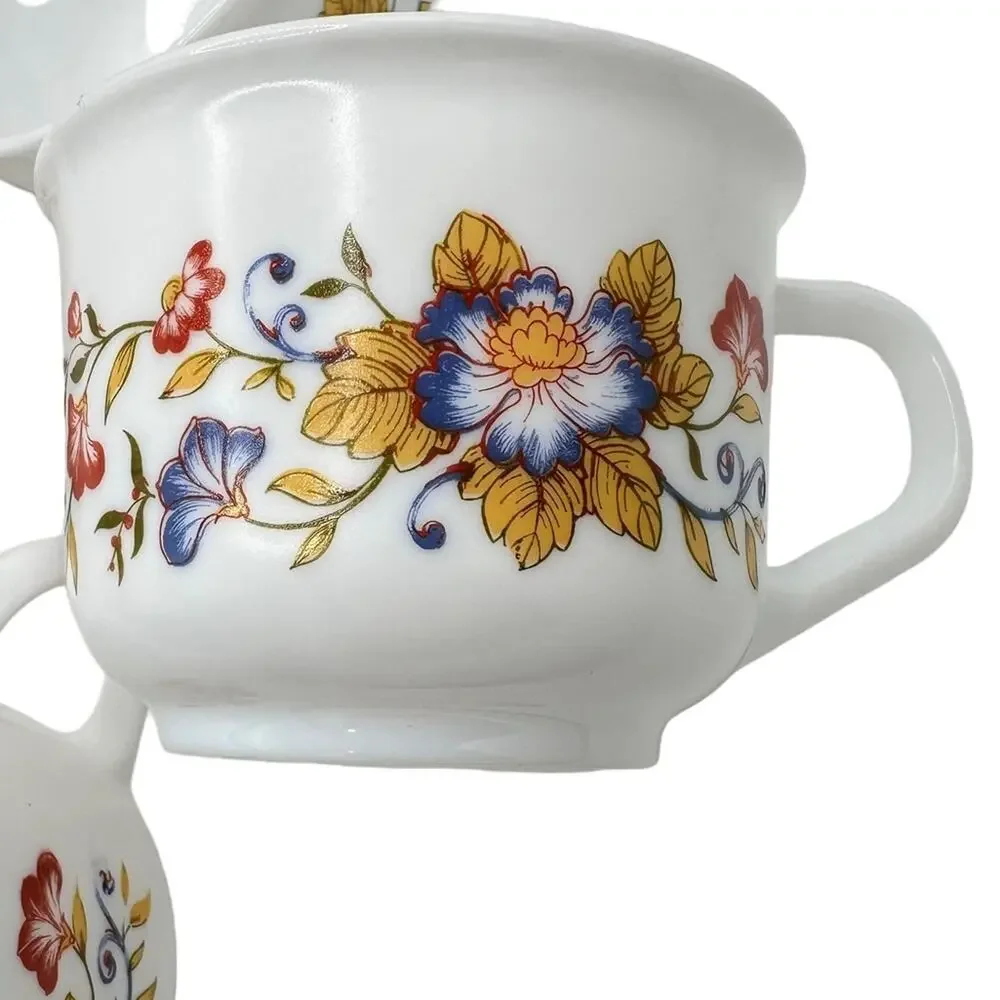 Vintage Milk Glass Arcopal France Flowers Floral Tea Coffee Cup Set of 4